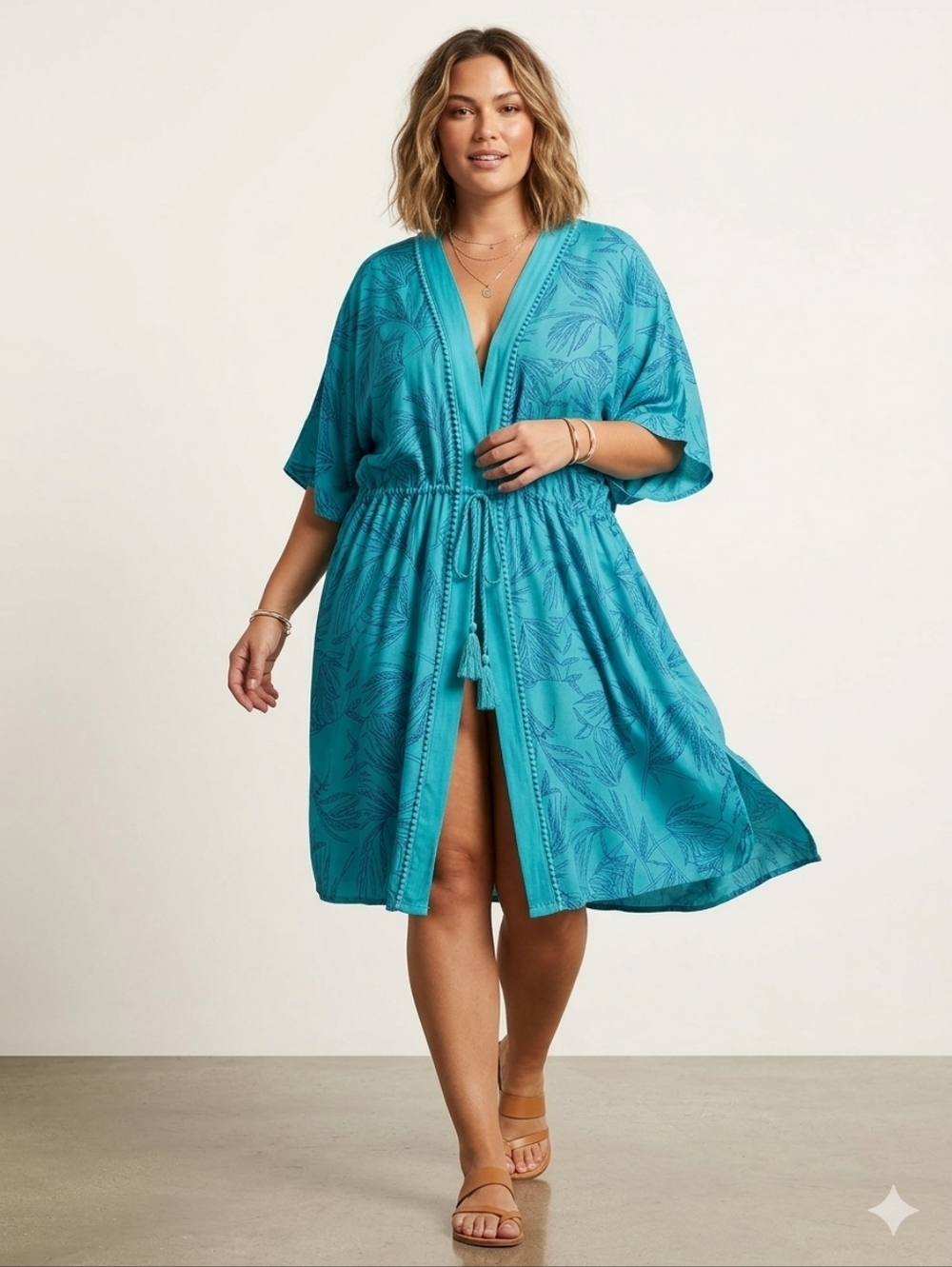 NWOT ​Sea Swimwear Teal Tropical Palm Rayon Kimono Coverup 1X Beach Resortwear